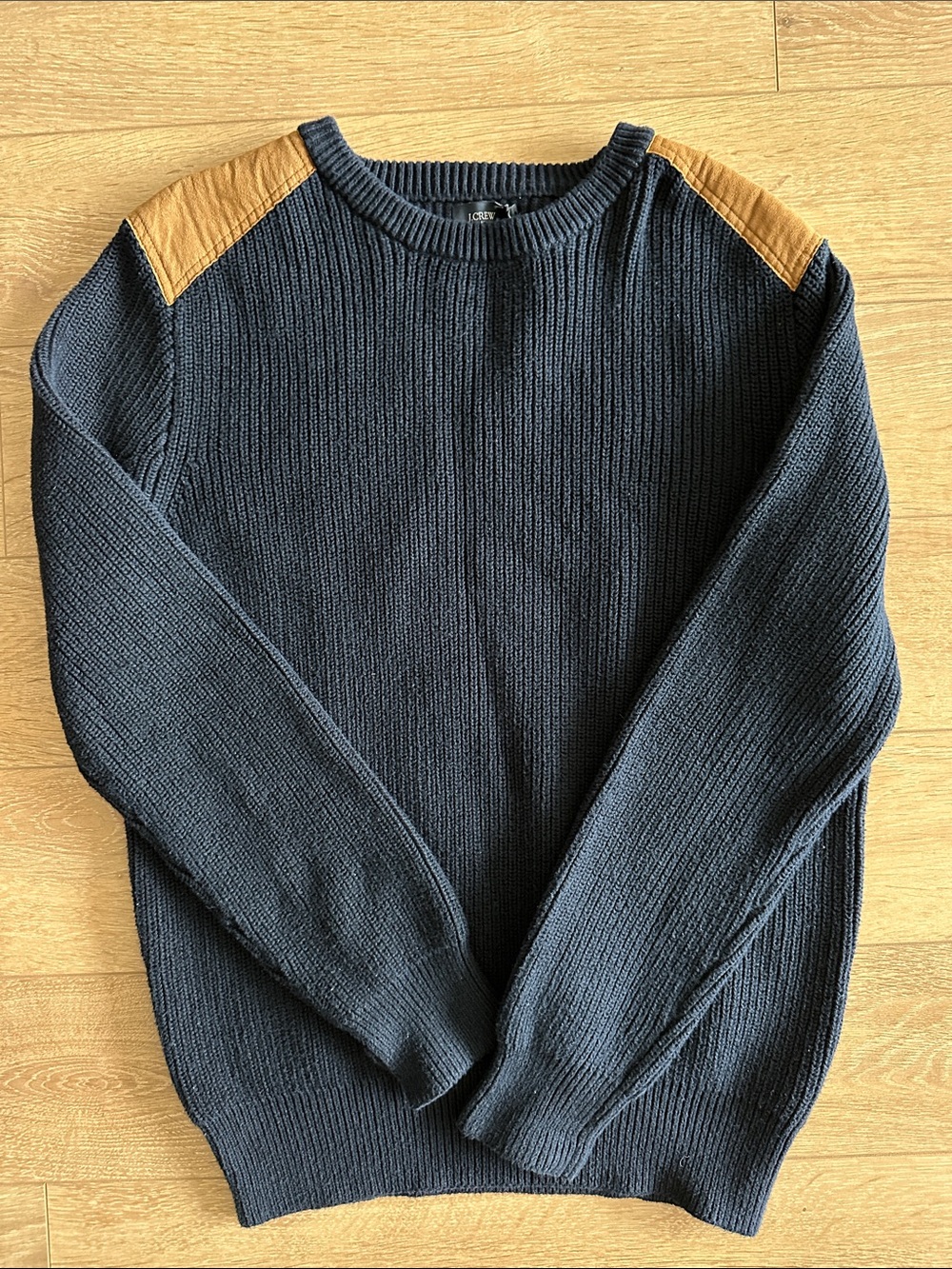 J. Crew Navy Crewneck Sweater with Tan Shoulder Patches